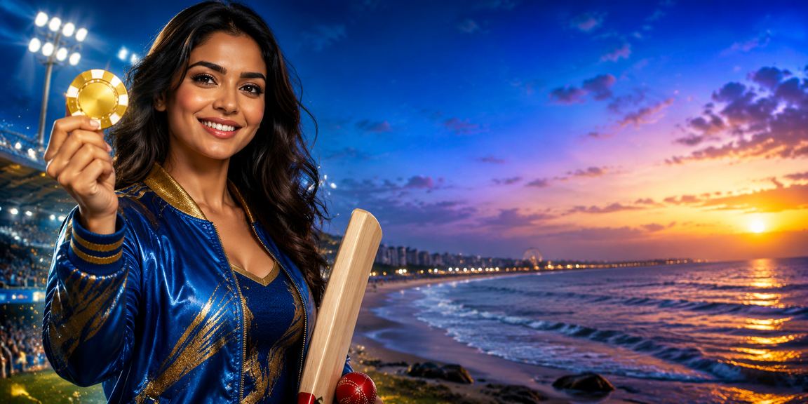 Blue and gold neon glow at Chennai Marina Beach with cricket betting